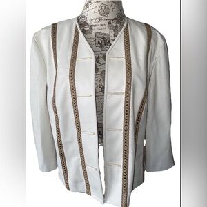 St John Marie Gray White Leather Bomber Jacket Medium Vtg 90s Old Money Heritage